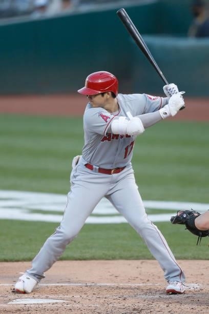 Shohei Ohtani of the Los Angeles Angels at bat in the top of the second inning against the Oakland Athletics at RingCentral Coliseum on June 14, 2021...