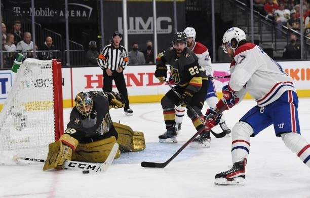 Marc-Andre Fleury of the Vegas Golden Knights makes a save during the second period against the Montreal Canadiens in Game One of the Stanley Cup...