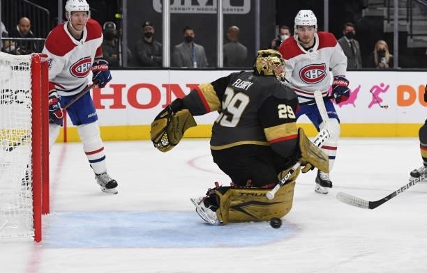Marc-Andre Fleury of the Vegas Golden Knights allows a goal by Cole Caufield of the Montreal Canadiens during the second period in Game One of the...