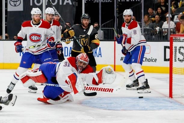 Carey Price of the Montreal Canadiens allows a goal to Alec Martinez of the Vegas Golden Knights during the second period in Game One of the Stanley...