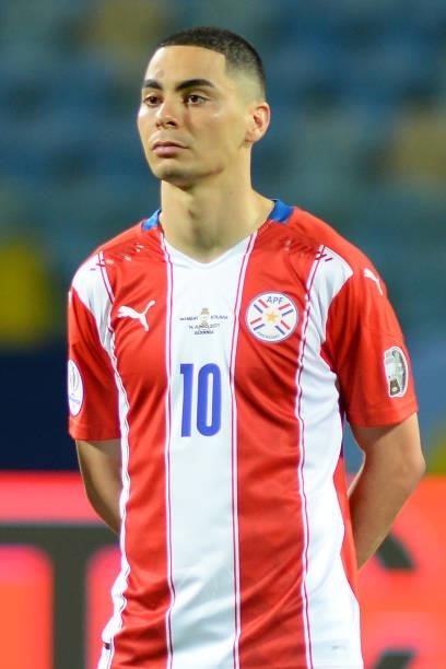 Miguel Almiron of Paraguay looks on before a Group A match between Paraguay and Bolivia at Estádio Olímpico as part of Copa America Brazil 2021 on...