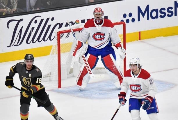 Carey Price of the Montreal Canadiens tends net during the first period against the Vegas Golden Knights in Game One of the Stanley Cup Semifinals at...