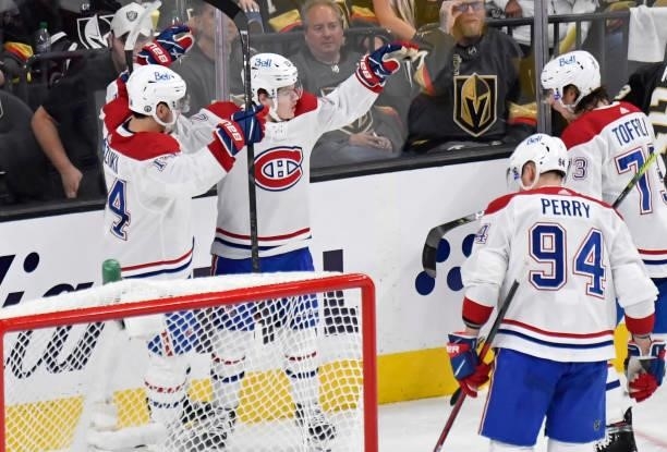 Cole Caufield of the Montreal Canadiens celebrates after scoring a goal during the second period against the Vegas Golden Knights in Game One of the...