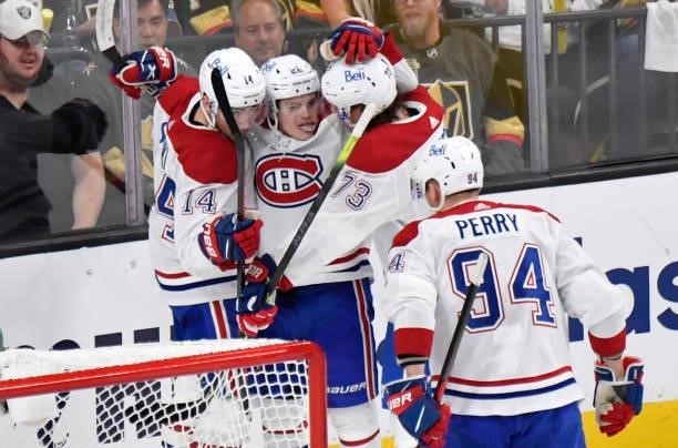 Cole Caufield of the Montreal Canadiens celebrates after scoring a goal during the second period against the Vegas Golden Knights in Game One of the...