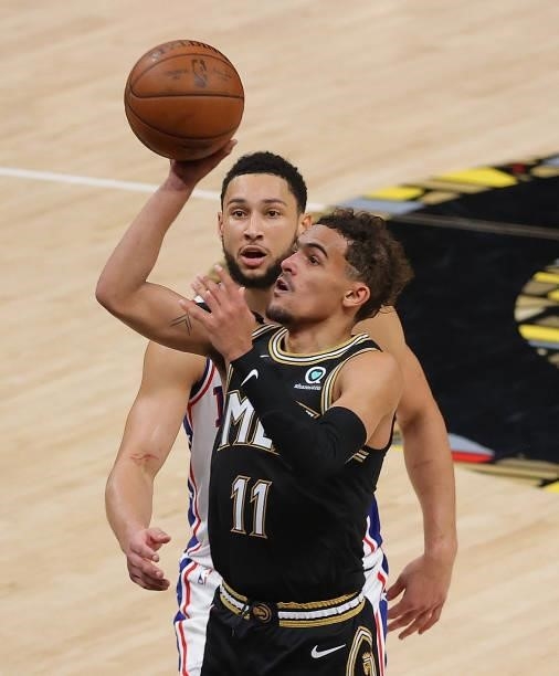 Trae Young of the Atlanta Hawks attempts a shot against Ben Simmons of the Philadelphia 76ers during the second half of game 4 of the Eastern...