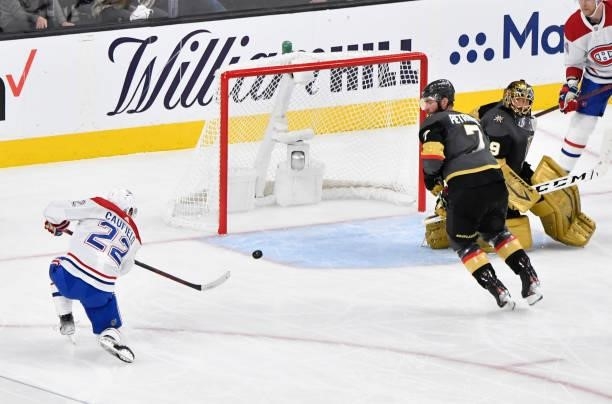 Cole Caufield of the Montreal Canadiens scores a goal during the second period against the Vegas Golden Knights in Game One of the Stanley Cup...