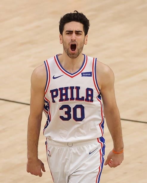 Furkan Korkmaz of the Philadelphia 76ers reacts after hitting a three-point basket against the Atlanta Hawks during the second half of game 4 of the...