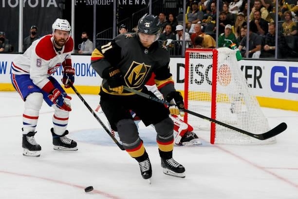 William Karlsson of the Vegas Golden Knights is defended by Shea Weber of the Montreal Canadiens during the second period in Game One of the Stanley...