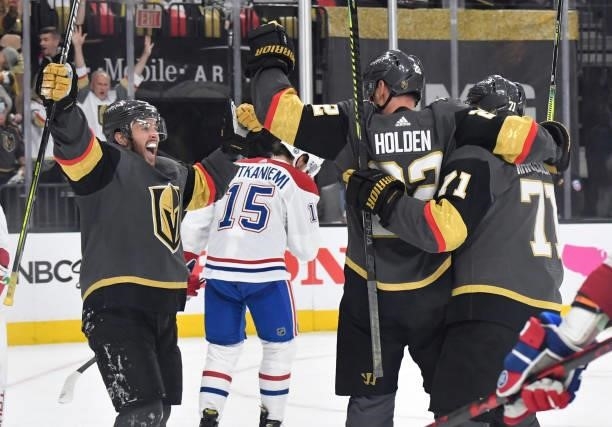 Nick Holden of the Vegas Golden Knights celebrates after scoring a goal during the third period against the Montreal Canadiens in Game One of the...
