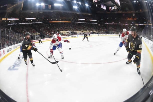 Jonathan Marchessault of the Vegas Golden Knights passes the puck during the third period against the Montreal Canadiens in Game One of the Stanley...