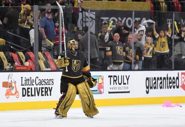 The Vegas Golden Knights celebrate after defeating the Montreal Canadiens in Game One of the Stanley Cup Semifinals at T-Mobile Arena on June 14,...