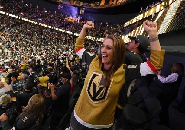Vegas Golden Knights fan Rochelle Sutherland celebrates a third-period goal by Nick Holden of the Golden Knights against the Montreal Canadiens...