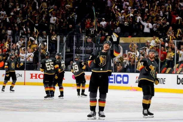 Nick Holden of the Vegas Golden Knights waves to the crowd after the team's 4-1 victory against the Montreal Canadiens in Game One of the Stanley Cup...
