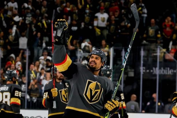 Ryan Reaves of the Vegas Golden Knights waves to the crowd after the team's 4-1 victory against the Montreal Canadiens in Game One of the Stanley Cup...