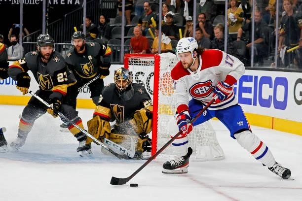 Marc-Andre Fleury of the Vegas Golden Knights tends net against Josh Anderson of the Montreal Canadiens during the third period in Game One of the...