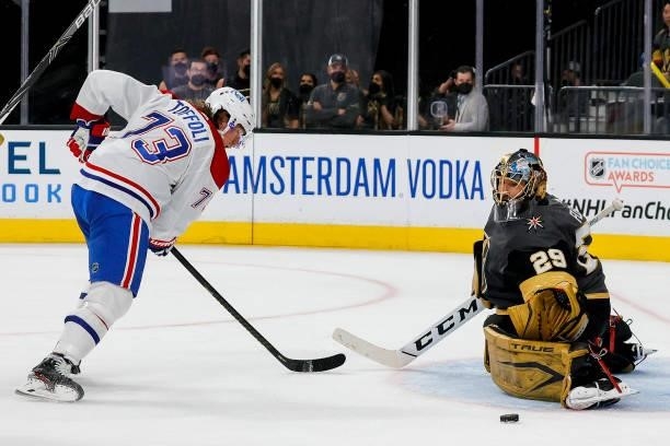 Marc-Andre Fleury of the Vegas Golden Knights makes the save against Tyler Toffoli of the Montreal Canadiens during the third period in Game One of...