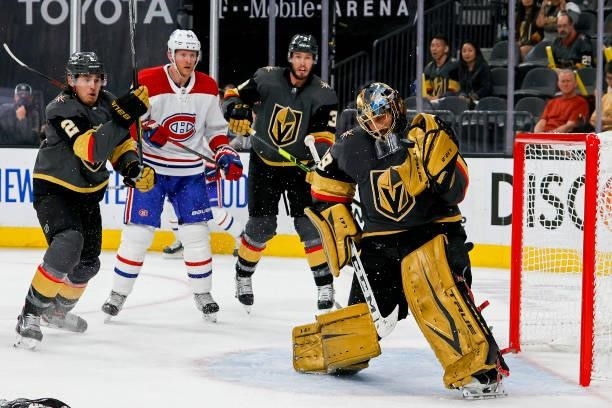 Marc-Andre Fleury of the Vegas Golden Knights makes the save against against the Montreal Canadiens during the third period in Game One of the...