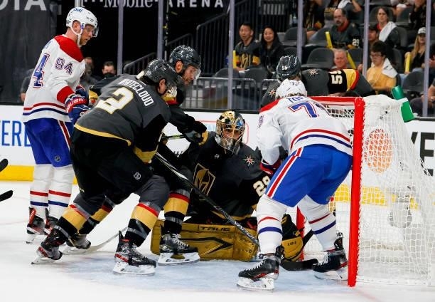 Marc-Andre Fleury of the Vegas Golden Knights makes the save against Tyler Toffoli of the Montreal Canadiens during the third period in Game One of...