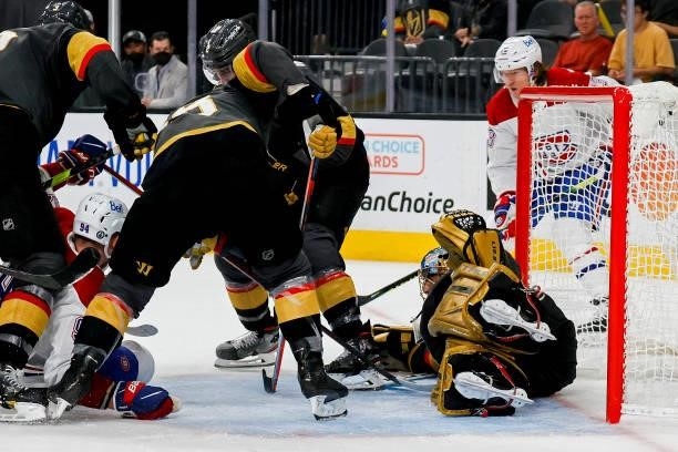 Marc-Andre Fleury of the Vegas Golden Knights stacks the pad against the Montreal Canadiens during the third period in Game One of the Stanley Cup...