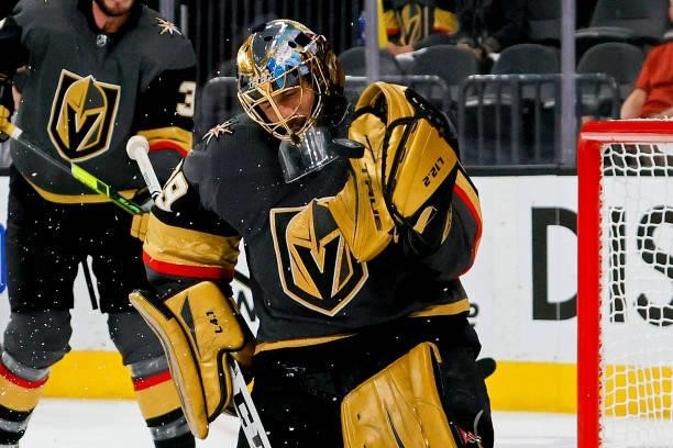 Marc-Andre Fleury of the Vegas Golden Knights makes the save against against the Montreal Canadiens during the third period in Game One of the...