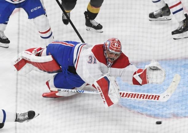 Carey Price of the Montreal Canadiens makes a save against the Vegas Golden Knights during the first period in Game One of the Stanley Cup Semifinals...