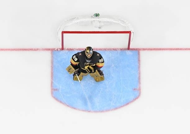 Marc-Andre Fleury of the Vegas Golden Knights tends net during the second period against the Montreal Canadiens in Game One of the Stanley Cup...
