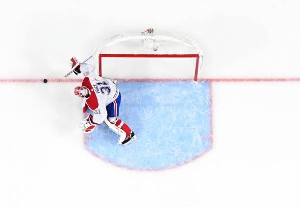 Carey Price of the Montreal Canadiens makes a save during the first period against the Vegas Golden Knights in Game One of the Stanley Cup Semifinals...