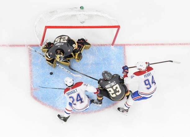 Marc-Andre Fleury of the Vegas Golden Knights stops a shot by Phillip Danault of the Montreal Canadiens during the third period in Game One of the...
