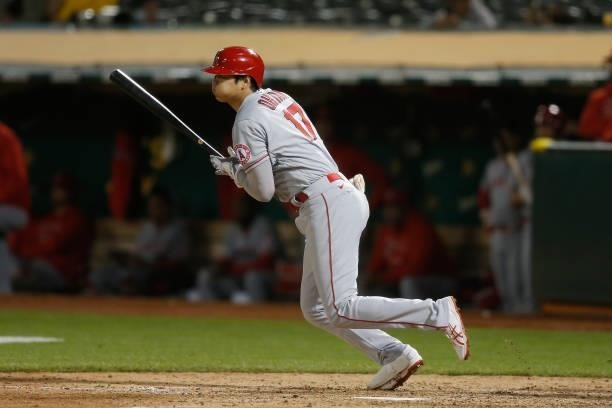 Shohei Ohtani of the Los Angeles Angels grounds out in the top of the eighth inning against the Oakland Athletics at RingCentral Coliseum on June 14,...