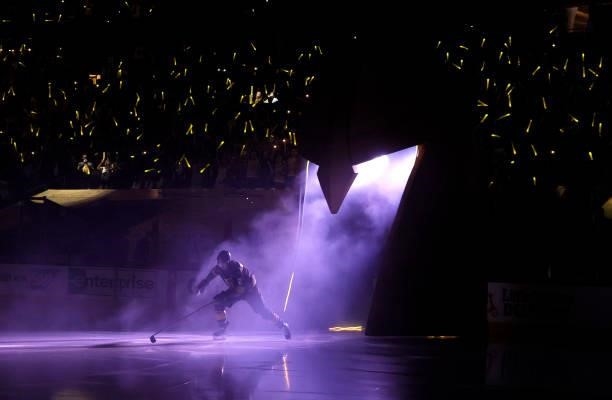 Zach Whitecloud of the Vegas Golden Knights takes to the ice for Game One of the Stanley Cup Semifinals during the 2021 Stanley Cup Playoffs against...
