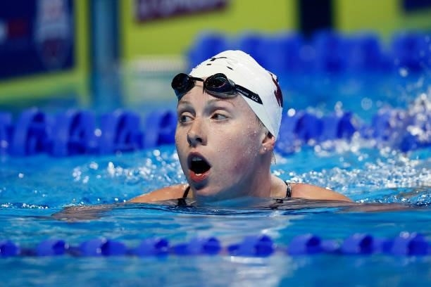 Lilly King of the United States reacts after competing in a semifinal heat for the Women’s 100m breaststroke during Day Two of the 2021 U.S. Olympic...