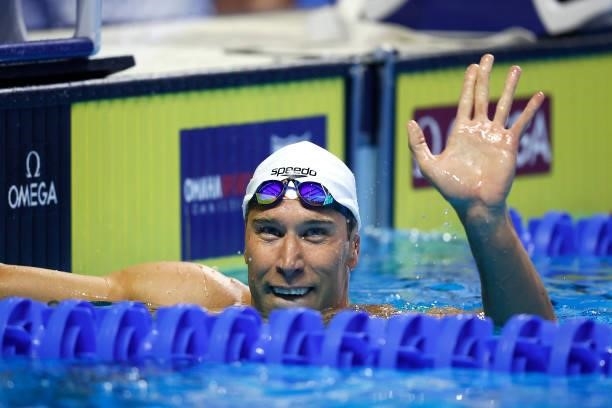 Matt Grevers of the United States reacts after competing in a semifinal heat for the Men’s 100m backstroke during Day Two of the 2021 U.S. Olympic...