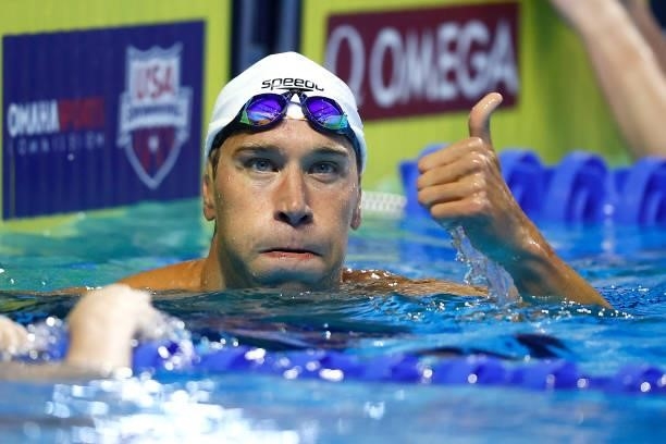 Matt Grevers of the United States reacts after competing in a semifinal heat for the Men’s 100m backstroke during Day Two of the 2021 U.S. Olympic...