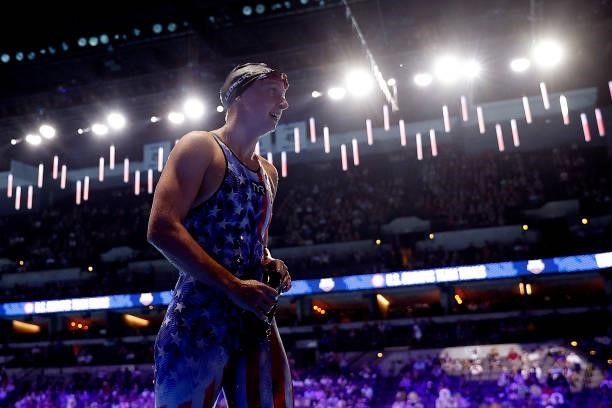 Katie Ledecky of the United States reacts after competing in the Women’s 400m freestyle final during Day Two of the 2021 U.S. Olympic Team Swimming...