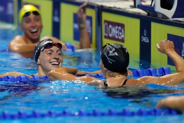 Katie Ledecky and Paige Madden of the United States react after competing in the Women’s 400m freestyle final during Day Two of the 2021 U.S. Olympic...