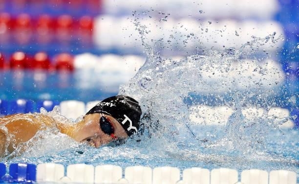 Katie Ledecky of the United States competes in the Women’s 400m freestyle final during Day Two of the 2021 U.S. Olympic Team Swimming Trials at CHI...