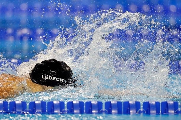 Katie Ledecky of the United States competes in the Women’s 400m freestyle final during Day Two of the 2021 U.S. Olympic Team Swimming Trials at CHI...