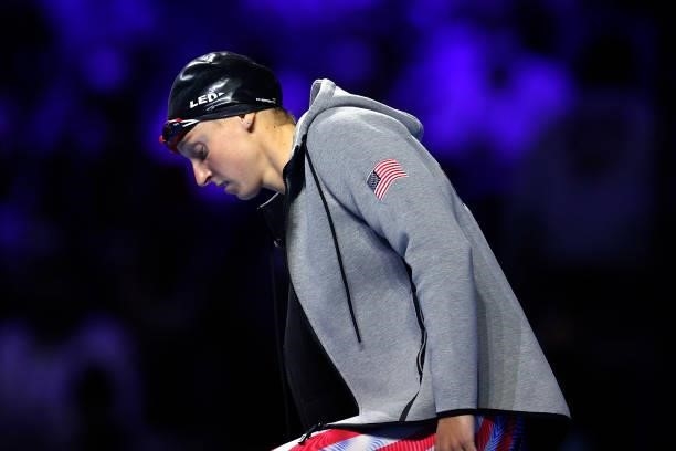 Katie Ledecky of the United States prepares to compete in the Women’s 400m freestyle final during Day Two of the 2021 U.S. Olympic Team Swimming...