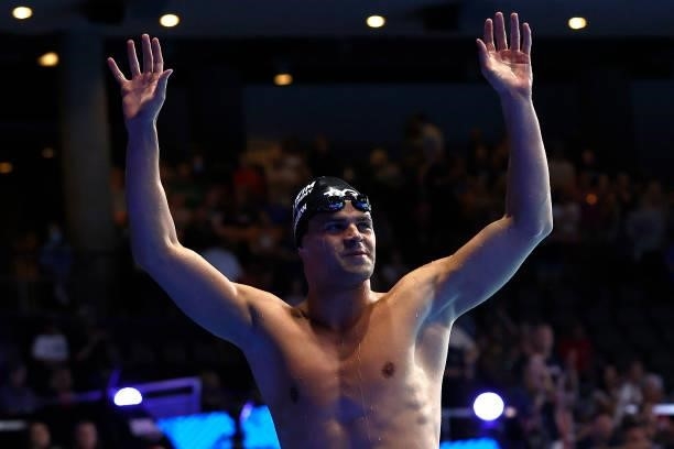 Michael Andrew of the United States reacts after competing in the Men’s 100m breaststroke final during Day Two of the 2021 U.S. Olympic Team Swimming...
