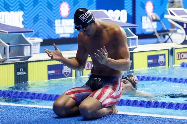 Michael Andrew of the United States reacts after competing in the Men’s 100m breaststroke final during Day Two of the 2021 U.S. Olympic Team Swimming...