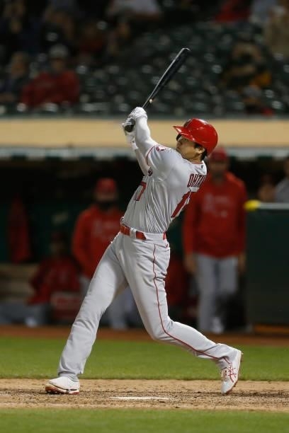 Shohei Ohtani of the Los Angeles Angels at bat in the top of the seventh inning against the Oakland Athletics at RingCentral Coliseum on June 14,...