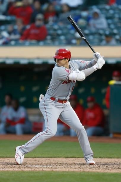 Shohei Ohtani of the Los Angeles Angels at bat in the top of the fourth inning against the Oakland Athletics at RingCentral Coliseum on June 14, 2021...