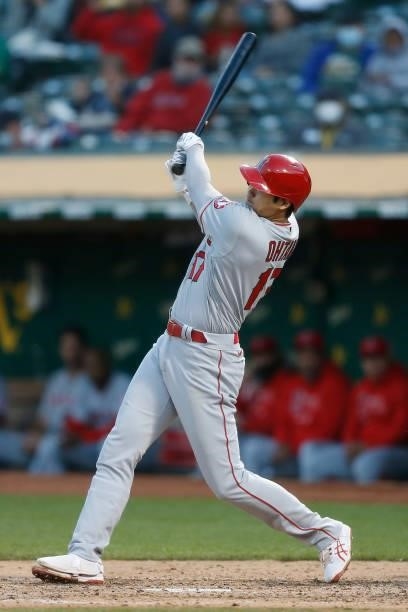 Shohei Ohtani of the Los Angeles Angels at bat in the top of the fourth inning against the Oakland Athletics at RingCentral Coliseum on June 14, 2021...