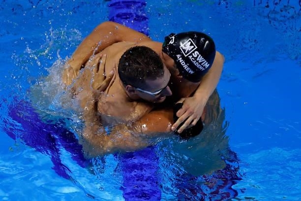 Andrew Wilson and Michael Andrew of the United States reacts after competing in the Men’s 100m breaststroke final during Day Two of the 2021 U.S....