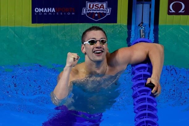 Andrew Wilson of the United States reacts after competing in the Men’s 100m breaststroke final during Day Two of the 2021 U.S. Olympic Team Swimming...