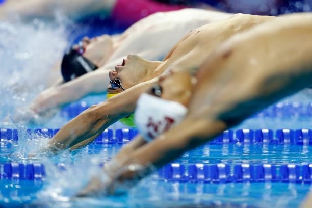 Bryce Mefford of the United States competes in a semifinal heat for the Men’s 100m backstroke during Day Two of the 2021 U.S. Olympic Team Swimming...
