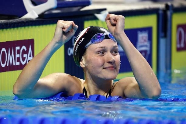 Olivia Smoliga of the United States reacts after competing in a semifinal heat for the Women’s 100m backstroke during Day Two of the 2021 U.S....