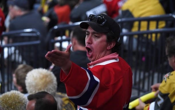 Fan reacts in the stands during the second period of Game One of the Stanley Cup Semifinals between the Montreal Canadiens and the Vegas Golden...