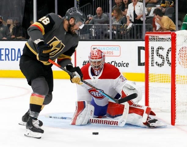 Carey Price of the Montreal Canadiens blocks a shot by William Carrier of the Vegas Golden Knights in the second period in Game One of the Stanley...