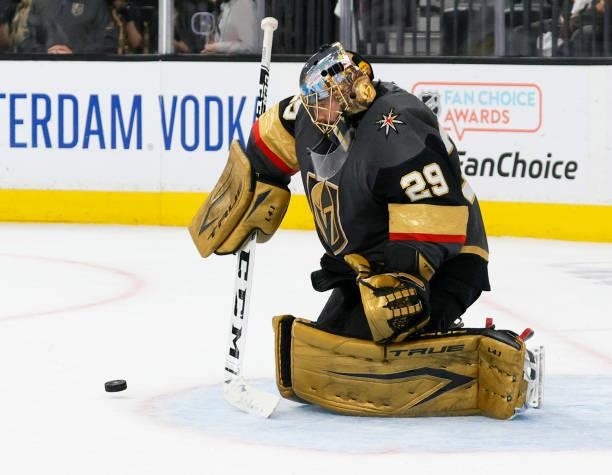 Marc-Andre Fleury of the Vegas Golden Knights stops the puck in the third period in Game One of the Stanley Cup Semifinals during the 2021 Stanley...